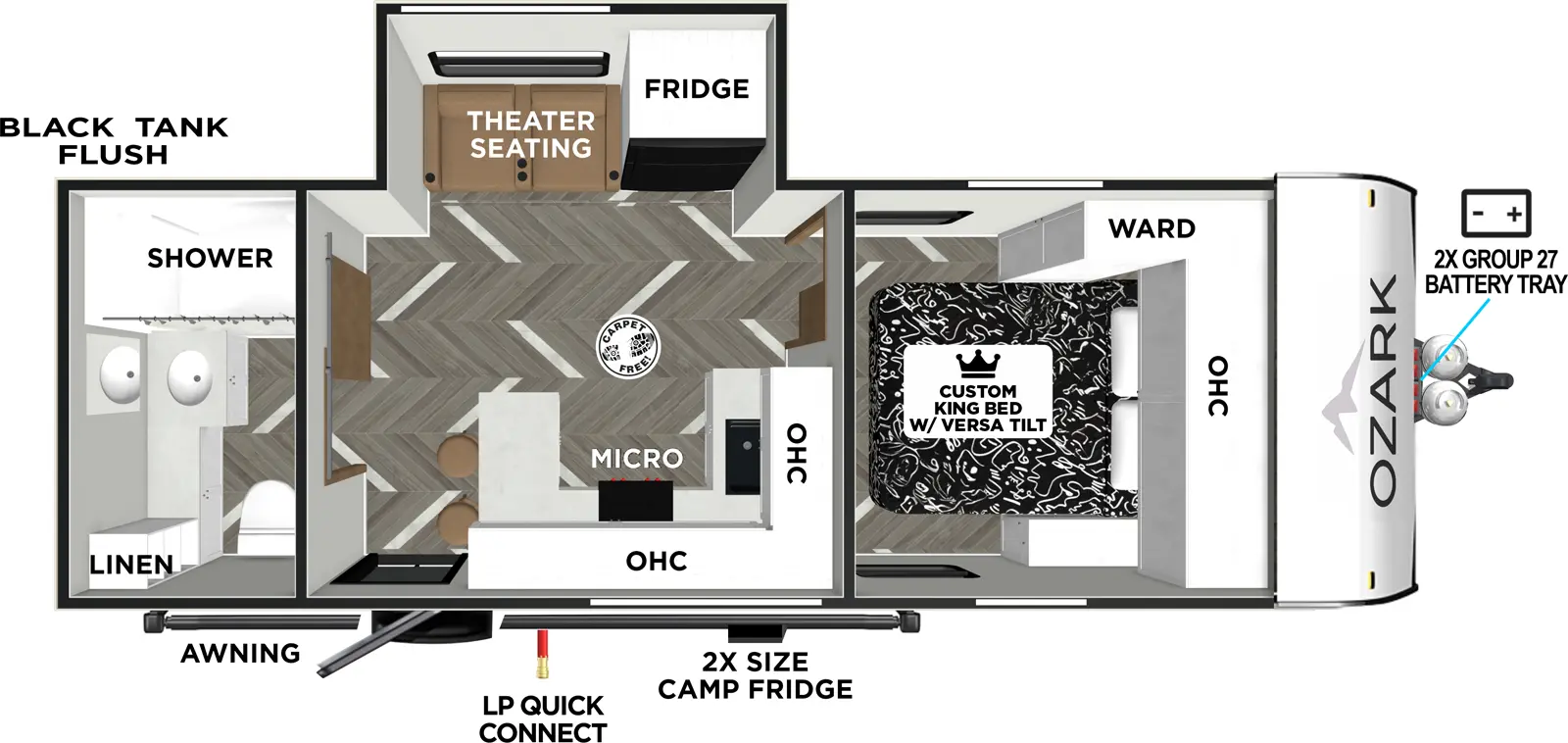 The Ozark 2430RBK floorplan has one entry and one slide out. Exterior features include: fiberglass exterior and 18' awning. Interiors features include: front bedroom and rear bathroom.